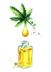 Natural Hemp oil.Hand drawn watercolor
