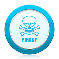 Piracy skull blue vector icon on white background.