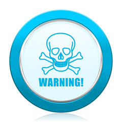 Warning skull blue vector icon on white background.