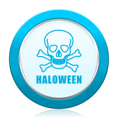 Haloween skull blue vector icon on white background.