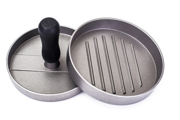 Metal press for hamburgers, isolated on white background