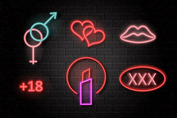 Vector collection of neon erotic signs for decoration on the wall background.