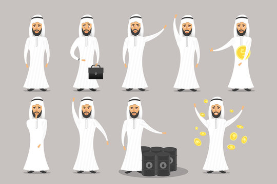 Vector collection of cartoon arab businessman character on the gray background.