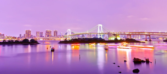 View of the Tokyo Bay and Rainbow Bridge at night in Tokyo