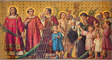 Naklejka premium Turyn, Włochy - 15 marca 2017: symboliczny fresk świętych amęczników z w kościele Chiesa di San Dalmazzo przez Enrico Reffo (1831-1917).