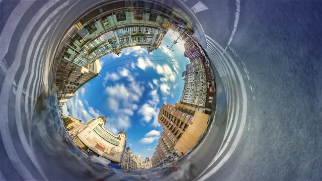 Hole Planet 360 Degree Traffic in Kiev Sunny Day Road Marking Downtown Nearby Plaza Buildings Facades Springtime Cityscape Vacation in Famous Capitals