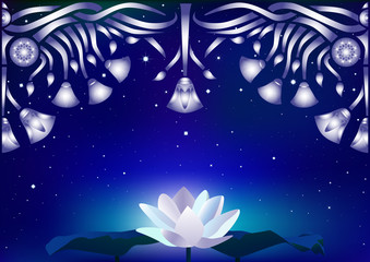 Background with lotus, decorative pattern and starry sky