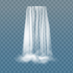Fototapeta premium Realistyczny wodospad wektor z czystą wodą i bąbelkami. Naturalny element projektowania obrazów krajobrazowych. Na przezroczystym tle.