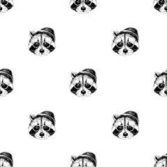 Fotobehang Seamless pattern with raccoons hipsters © Marina Gorskaya