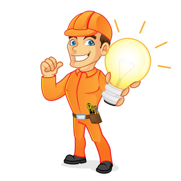 Electrician holding light bulb