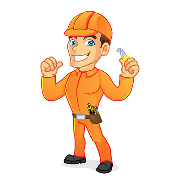 Electrician holding pliers and giving thumb up