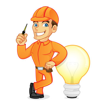 Electrician leaning on light bulb