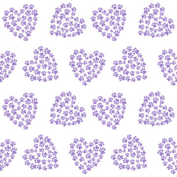 purple heart from traces of paws footprint love pattern seamless vector