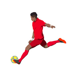 Soccer player kicking ball, isolated vector illustration. Footballer in red jersey