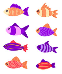 Graphic fish violet red pink with a pattern and to leaves Multi-colored small fishes in the sea the ocean Fishing. Hand drawn vector fish. Sketch