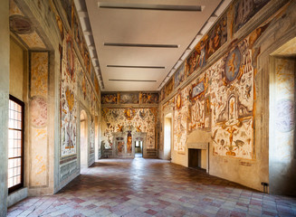 Hall in the castle Torrechiara. Italy