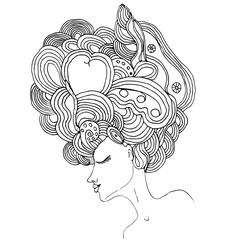 Portrait of pretty young woman in profile view with long beautiful hair.