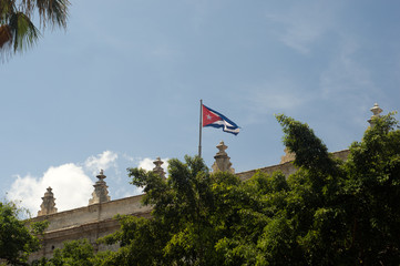 Cuban flag on a building at Havana city, Republic of Cuba