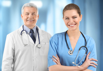 Fototapeta premium Medical staff on blurred hospital background