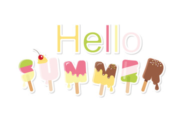 Hello summer ice cream letters isolated on white. Festive paper cut out stickers. For posters, flyers. Vector.