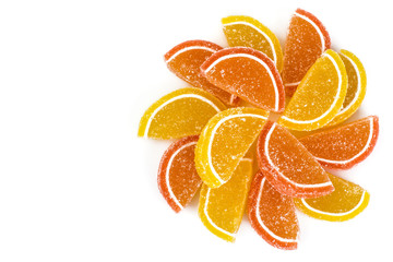 Orange and lemon jelly slices on white background