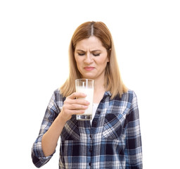 Woman with milk allergy on white background