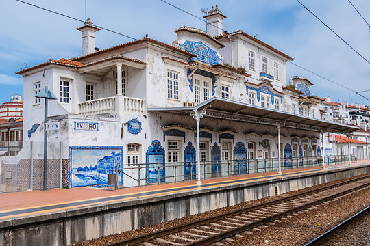 Historic building of Aveiro Railway station. Portugal.