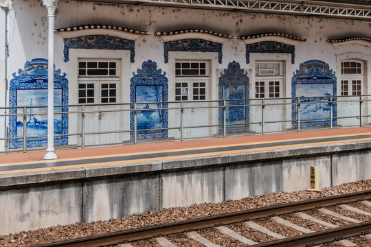 Historic building of Aveiro Railway station. Portugal.