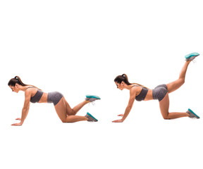 Sport beauty woman do fitness exercises on white background. Woman demonstrate begin and end of exercises. Fitness exercises concept.