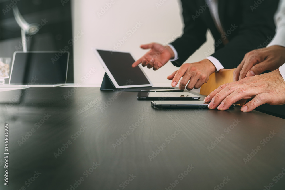 Poster co working team meeting concept,businessman using smart phone and digital tablet and laptop computer