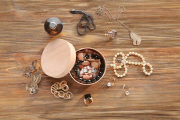 Jewelry accessories in box and table, top view