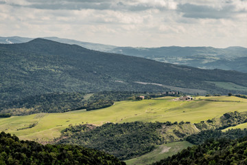 Fototapeta na wymiar Panorama of Volterra's lands and hills in the spring