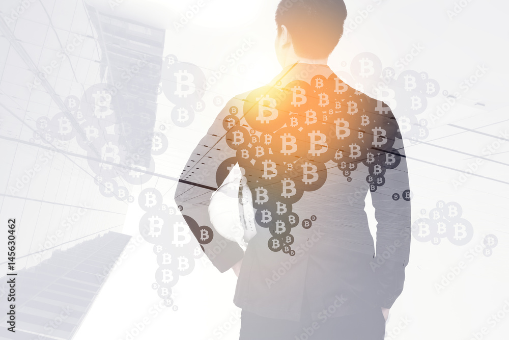 Poster cryptocurrency, blockchain and bitcoin concept.distributed ledger technology. fintech concept. doubl