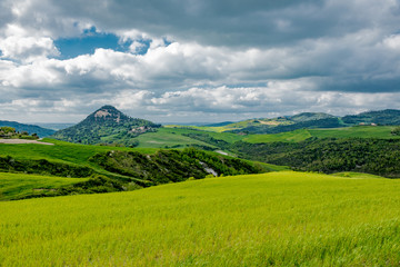 Panorama of Volterra's lands and hills in the spring