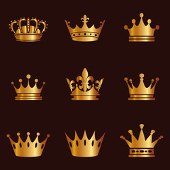 Collection of crown silhouette. Monarchy authority and royal symbols. Golden vintage antique icons. Crown symbol for your web site design, logo, app, UI. Vector illustration, EPS10.