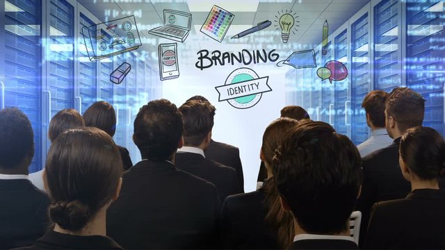 Business people looking at digital screen showing branding