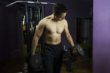 Naklejka premium Muscular Young Man Doing Heavy Weight Exercise For Shoulders In Gym