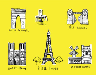 Paris city sights illustrations - obrazy, fototapety, plakaty