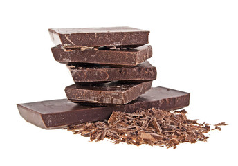 Chocolate bars and chocolate chips on a white background