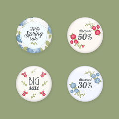 Set of glossy sale buttons or badges. Product promotions. Big sale, special offer, 50 off. Spring tag design, voucher template. Big set. Floral frame for text, isolated on white background.