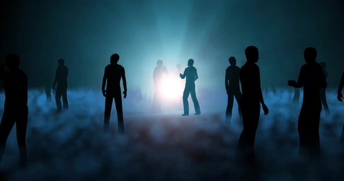 People, spirits , human beings standing, idle, loitering, lingering in blue spectral fog , mist with bright glowing orb at center. Camera orbits entire scene. 3d render, animation