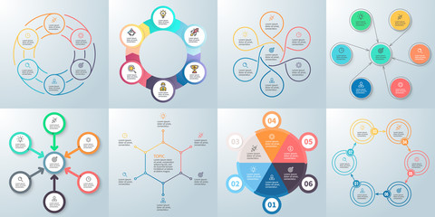 Business infographics. Diagrams with 6 steps, options. Vector pie charts.