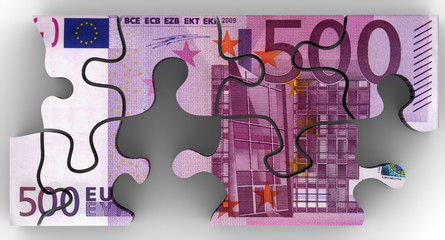 A pack of European banknotes in the form of an unassembled puzzle on white surface