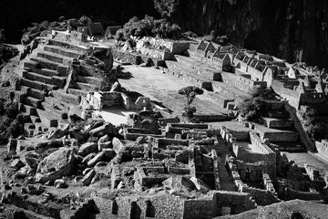 View of the ancient Inca City of Machu Picchu. The 15-th century Inca site.'Lost city of the Incas'. Ruins of the Machu Picchu sanctuary. UNESCO World Heritage site. Black and White