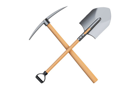 crossed pickaxe and spade, 3D rendering