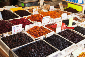 Spices, nuts and vegetables in open market Tel Aviv in Israel