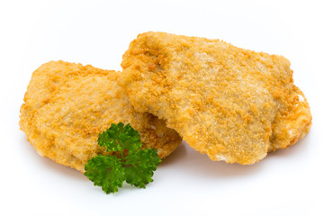 Fried chicken nuggets isolated on white.
