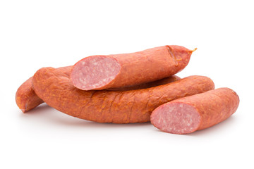 Smoked sausage on a white background.