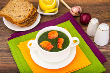 Soup puree from spinach with salmon