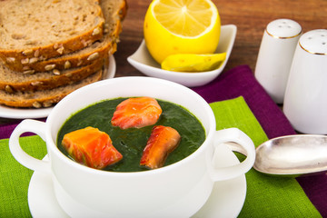Soup puree from spinach with salmon
